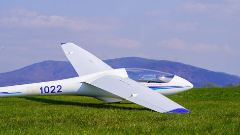 Segelflugzeug SZD-51-1 Junior auf einer Wiese mit Blick auf das Heck und die Landschaft.